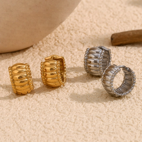 Vintage Creolen Edelstahl 18K Vergoldet Gerippt Perlen Geometrischer Schmuck Für Frauen