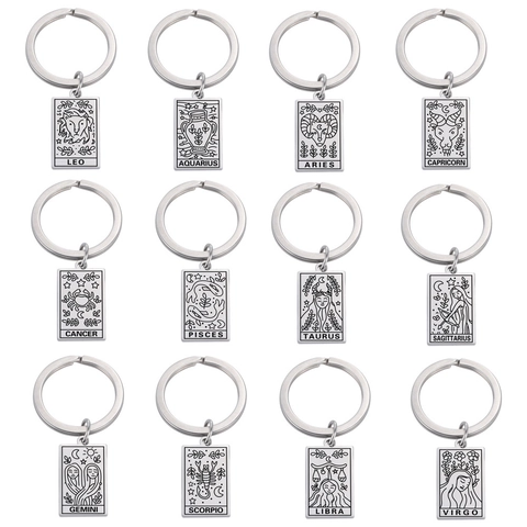 Stainless Steel 12 Zodiac Sign Keychain Personalized Rectangular Tarot Style Constellation Pendant Gold Silver Key Ring Gift