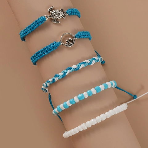 Pulseras Aleación Tortuga Ola Cuerda Tejida Cuenta Joyería De Playa Hecha A Mano Ajustables Para Mujeres