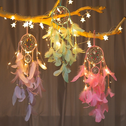 Handmade Indian Dream Catcher Wall Hanging Home Decor Feather Wooden Beads LED Light Ornament Bedroom Gift