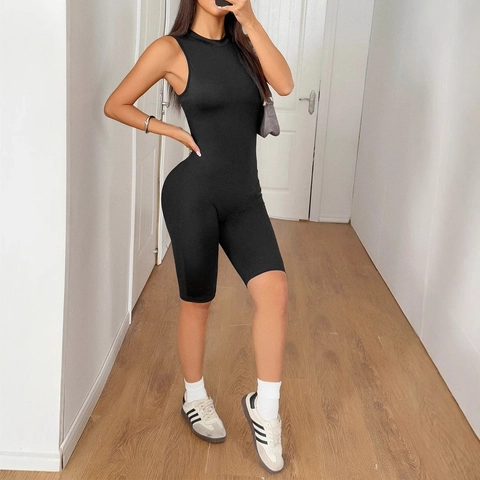 Damen Ärmellos Unitard Nylon Elasthan Eng Yoga Bodysuit Kurz Romper Einfarbig Schwarz Sexy Hohe Taille