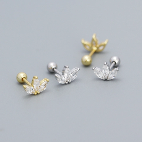 Flower Stud Earrings 925 Sterling Silver Marquise Cubic Zirconia With Screw Ball Back For Women Elegant