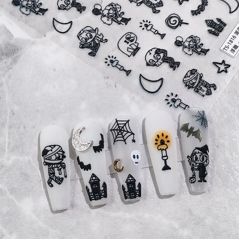 Adesivi Unghie Halloween 5D Rilievo PET Autoadesivi Decalcomanie Zucca Fantasma Pipistrello Scheletro DIY Manicure