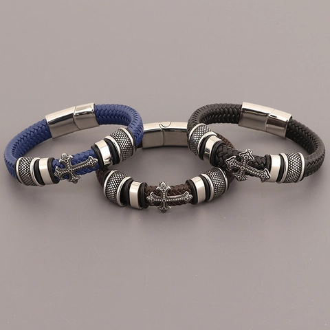 Men Braided Leather Bracelet With Stainless Steel Cross Pendant Magnetic Buckle Punk Vintage Style Wristband
