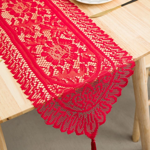 French Country Vintage Woven Lace Table Runner With Tassels Hollow Out Floral Crochet Table Cloth For Wedding Party Home Decor