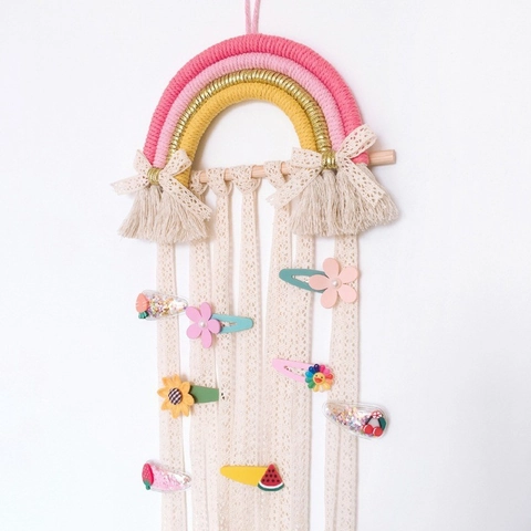 Porta Fermagli Per Capelli Arcobaleno Intrecciato Corda Cotone Legno Organizzatore Da Parete Decorazione Cameretta Nastri Pizzo