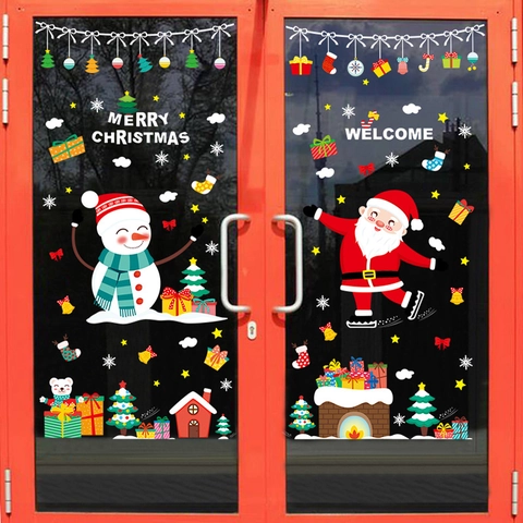 Christmas Window Stickers Static Cling Decals PVC Santa Claus Snowman Train Reusable Festive Glass Door Decoration
