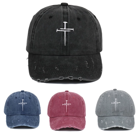 Baseball Cap Gewaschene Baumwolle Distressed Ripped Brim Kreuz Stickerei Vintage Verstellbarer Sonnenhut Für Herren Damen