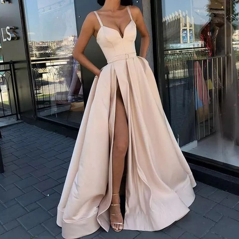 Satin Evening Dress Spaghetti Straps V Neck High Slit Floor Length Formal Party Gown Elegant Prom Women