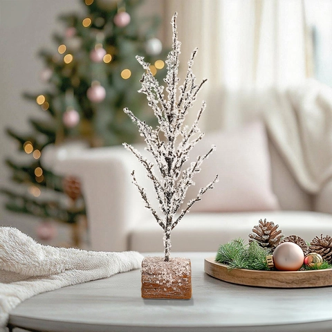Kunstmatige Kerstboom Tafelornament IJskristal Takken Houten Basis Winter Vakantie Decor Minimalistisch