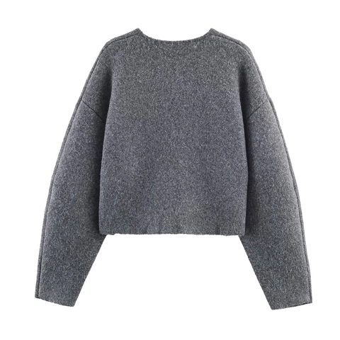 Women Crop Knitted Cardigan Plush Long Sleeve Open Front Solid Grey Casual Sweater Jacket