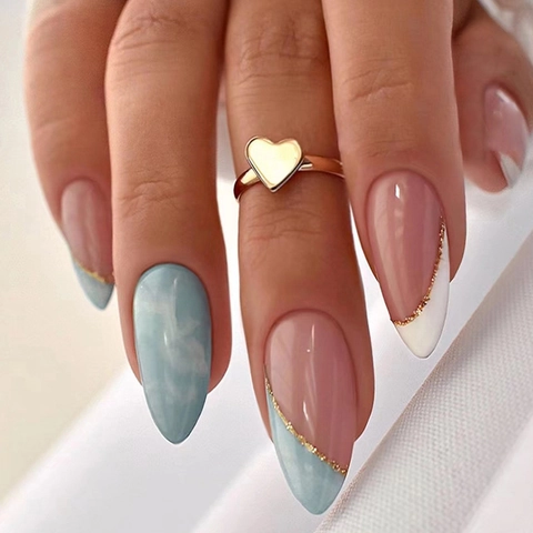 Almond Shape Press On Nails French Pink Sky Blue Marble Design Glossy Artificial Nails For Women Daily Party Nail Art Decoration