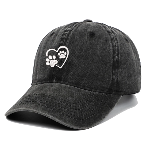 Cute Heart Paw Print Embroidery Washed Cotton Baseball Cap Distressed Retro Adjustable Outdoor Sun Hat For Women Men