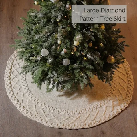 Kerstboomrok Gebreid Acryl Diamant Kabelpatroon Rond Decoratief Rustiek Vakantie Ornament Mat Voor Huisdecoratie