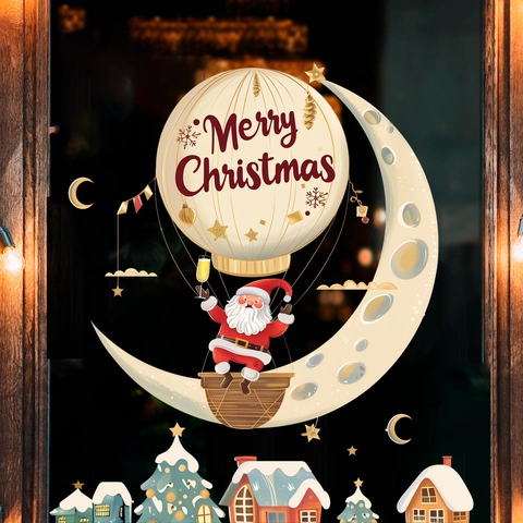 Weihnachts Wand Fenster Aufkleber Weihnachtsmann Heißluftballon Mond PVC Statisch Aufkleber Für Schlafzimmer Wohnzimmer