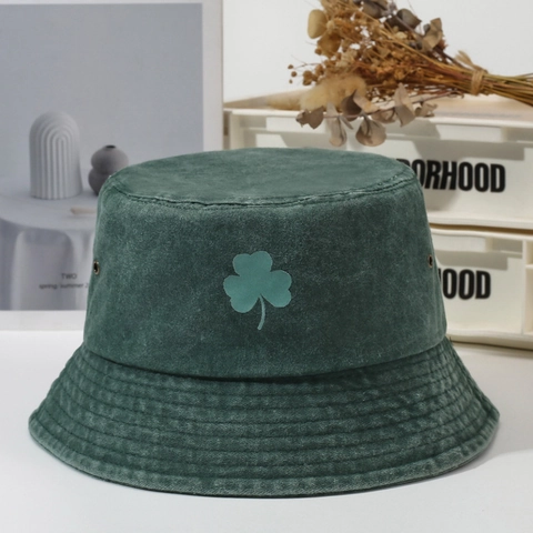 Vintage Washed Cotton Bucket Hat With Clover Shamrock Embroidery Sun Protection Foldable Outdoor Fisherman Hat Men Women