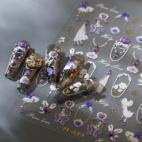 Pegatinas Uñas 3D Relieve Mariposa Morada Flor Autoadhesivo Vintage Ensueño Lazo Perla Artificial Diseño Manicura Decoración