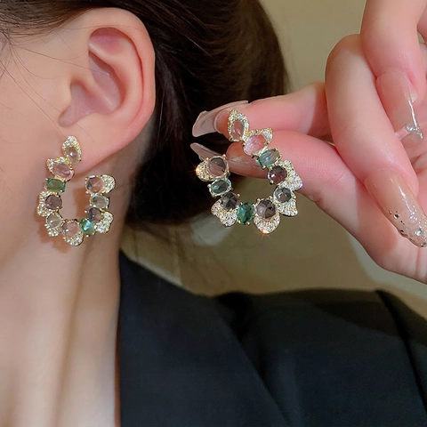 Exaggerated C-Shape Stud Earrings With Multi Color Zircon And Silver Earring Post Retro Light Luxury Jewelry For Women
