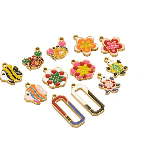 Stainless Steel Charms Vacuum Gold Plated Enamel Colorful Flower Turtle Fish Crab DIY Jewelry Making Accessories