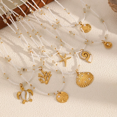 Ocean Theme Pendant Necklace Stainless Steel White Beads Sea Turtle Shell Starfish For Women Summer Beach Jewelry