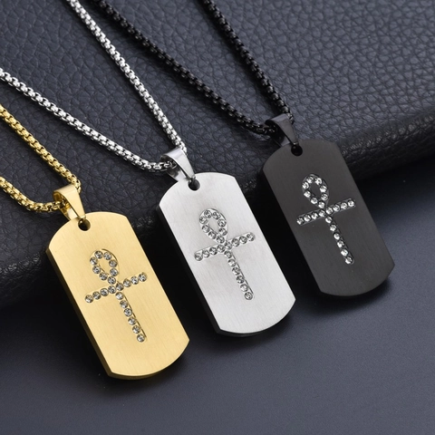 Collana Con Pendente A Piastrina Croce Ankh Acciaio Inossidabile Strass Gioielli Hip Hop Uomo