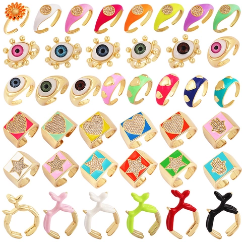 Anillos Ajustables Esmalte Cobre Mujeres Colorido Micro Pavé Circón Corazón Estrella Ojo Malvado Perro Globo Margarita Joyería