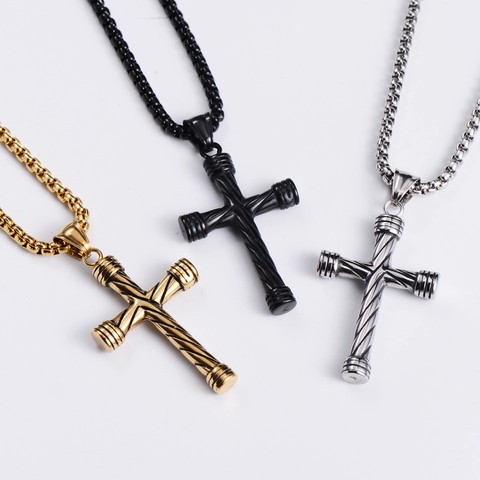 Cross Pendant Necklace 304 Stainless Steel Spiral Textured Striped Retro Hip Hop Jewelry For Men