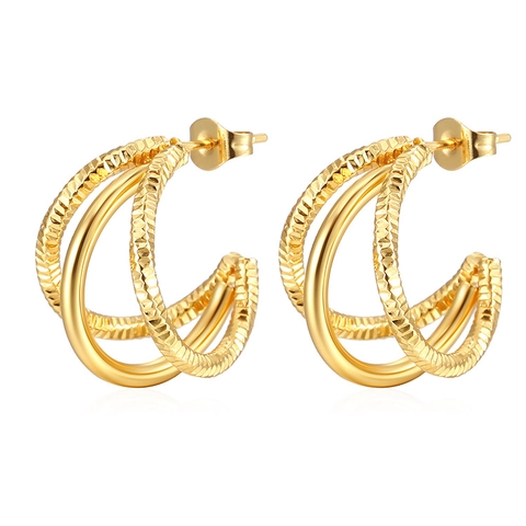 Drielaagse Getextureerde Geometrische Oorbellen 18K Verguld Roestvrij Staal Ronde Hoops Studs Mode Sieraden Dames Retro