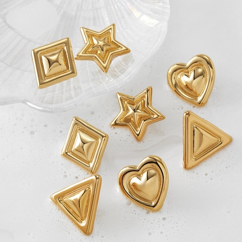 Geometric Stud Earrings High Polish Stainless Steel Layered Heart Star Triangle Shape Minimalist Jewelry For Women