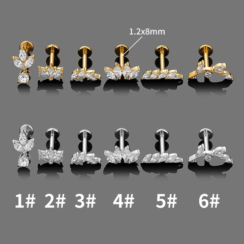 Stainless Steel Lip Rings Internal Thread Zircon Leaf Crown Labret Studs Helix Piercing Jewelry