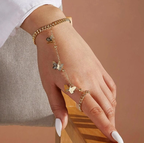 Schmetterling Handkette Armband Mit Ring Legierung Link Slave Armreif Vintage Schmuck Damen
