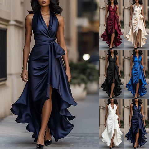 Elegantes Neckholder V-Ausschnitt Satin Maxikleid Ärmellos High-Low Rüschensaum Party Abendkleid Für Damen Einfarbig