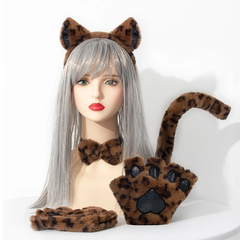 Cat Cosplay Accessories Plush Ear Headband Paw Gloves Tail Choker For Anime Party Costume Cute Soft Animal Props