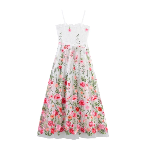 Abito Lungo A Canotta In Rete Con Ricamo Floreale Vita Punto Smock Senza Maniche Tulle Gonna Lunga Dolce Elegante Estate Donna