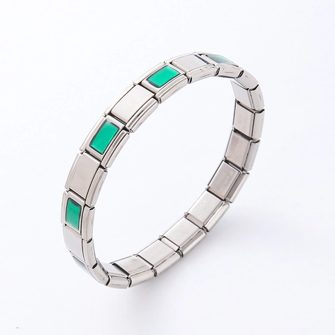 Italian Modular Charm Bracelet 304 Stainless Steel Stretch Band Green Geometric Square Jewelry For Women Men