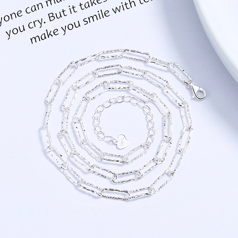 925 Sterling Silver Paperclip Chain Necklace For Women Sparkling Carved Texture Geometric Links Heart Charm Minimalist Jewelry