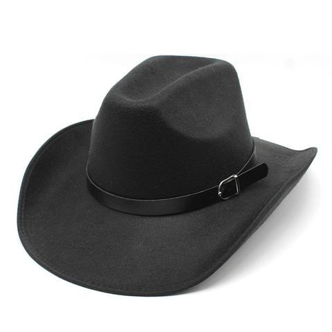 Western Cowboy Hat Wool Felt Wide Brim Fedora With Leather Band Metal Buckle Solid Color Retro Style For Men Women