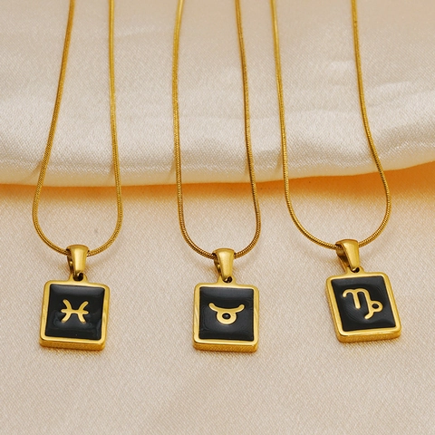 Collana Con Pendente 12 Segni Zodiacali Oro 18K Acciaio Inossidabile Smalto Nero Rettangolo Quadrato Catena A Serpente Gioielli
