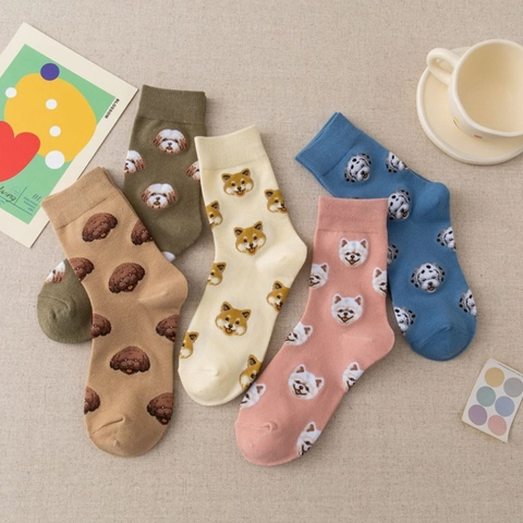 Women Crew Socks Cotton Blend Cute Cartoon Dog Animal Pattern Mid Calf Breathable Japanese Style Casual Fashionable