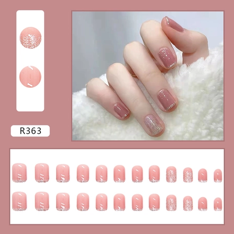 Press On Nails Pink Transparent ABS Silver Glitter Gradient French Style Short Squoval Fake Nails For Women Girls