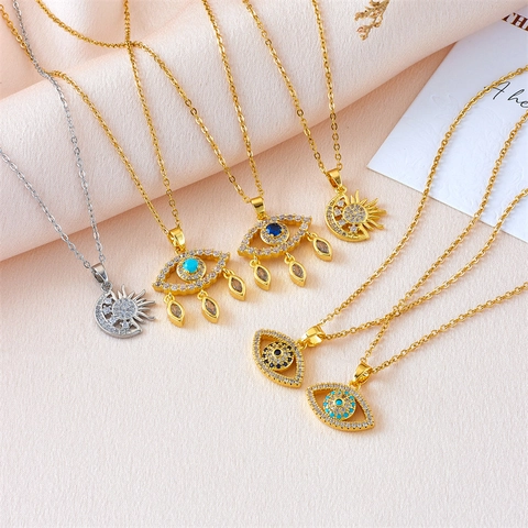 Collana Pendente Malocchio Boho Donna Sole Luna Gioielli Vintage Catena in Acciaio al Titanio Oro Argento Zirconia