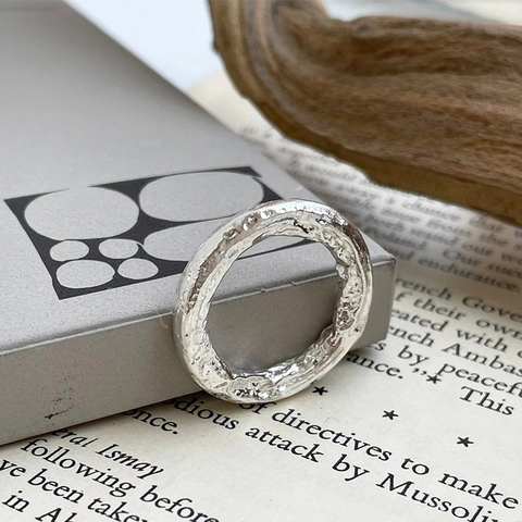 Anello In Argento Sterling 925 Consistenza Lavica Irregolare Finitura Sabbia Grossolana Gioielli Di Moda Per Donne