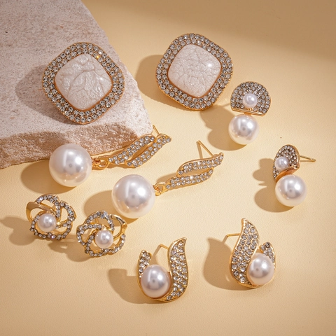 Alloy Stud Earrings Imitation Artificial Pearl Rhinestone Geometric Irregular For Women With 925 Sterling Silver Earring Post