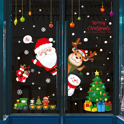 Pegatinas De Navidad Para Ventanas PVC Impermeable Papá Noel Reno Muñeco De Nieve Patrón Decoración De Hogar Tienda