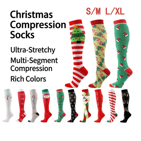 Chaussettes De Compression De Noël Pour Hommes Femmes Nylon Élastique Bas Longs Motifs Festifs Renne Père Noël Flocons De Neige