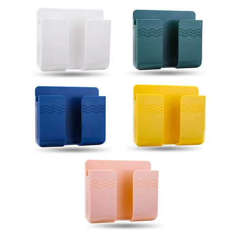 Wall Mounted Storage Box Phone Holder Remote Control Organizer Punch Free Plastic Wave Design Charging Cable Hole