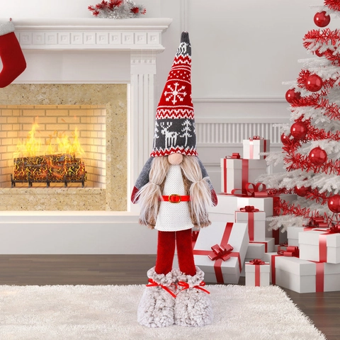 Christmas Gnome Figurine Nordic Knitted Faceless Rudolph Doll Plush Ornament Red Plaid Standing Holiday Home Decor Gift