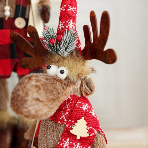 Poupée En Peluche Renne De Noël Élan Figurine Debout À Carreaux Buffalo Bonnet Tricoté Skis En Bois Décor De Table