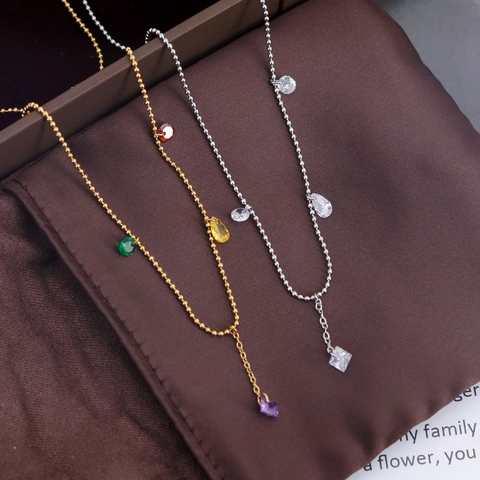 Collar de Borla de Acero de Titanio Circonia de Color Cadena de Bolas Forma de Y Gargantilla Dulce Minimalista Mujer Joyería