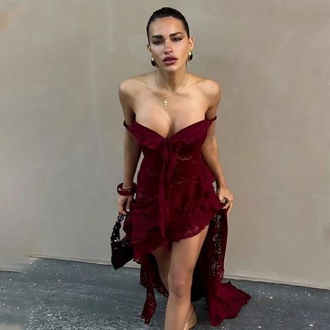 Vestito Sexy In Pizzo Da Donna Orlo Irregolare Spalle Scoperte Schiena Scoperta Volant Festa Lungo